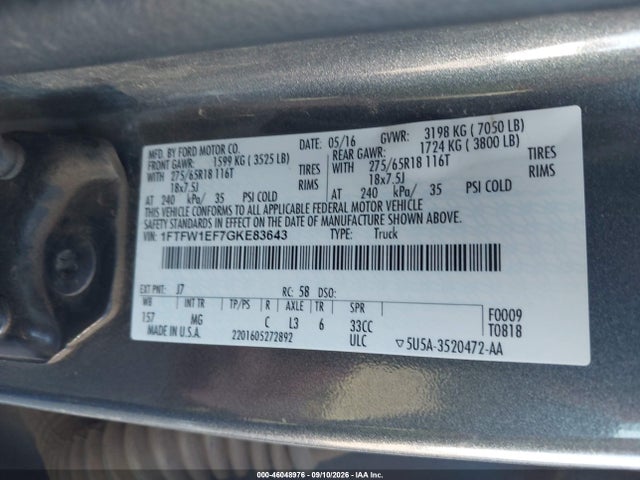 Aukcja sprzedaży 2016 Ford F-150 Xlt, vin: 1FTFW1EF7GKE83643, numer aukcji: 46048976