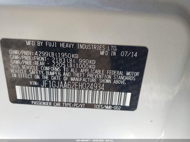 Aukcja sprzedaży 2014 Subaru Impreza 2.0i, vin: JF1GJAA62EH024934, numer aukcji: 46048977