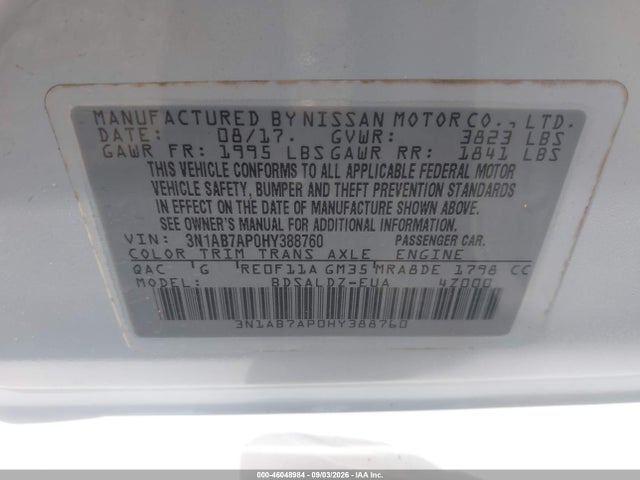 46048984 :رقم المزاد ، 3N1AB7AP0HY388760 vin ، 2017 Nissan Sentra Sv مزاد بيع