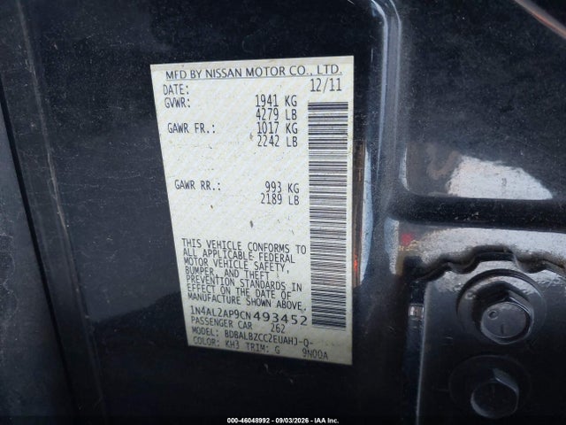 Aukcja sprzedaży 2012 Nissan Altima 2.5 S, vin: 1N4AL2AP9CN493452, numer aukcji: 46048992