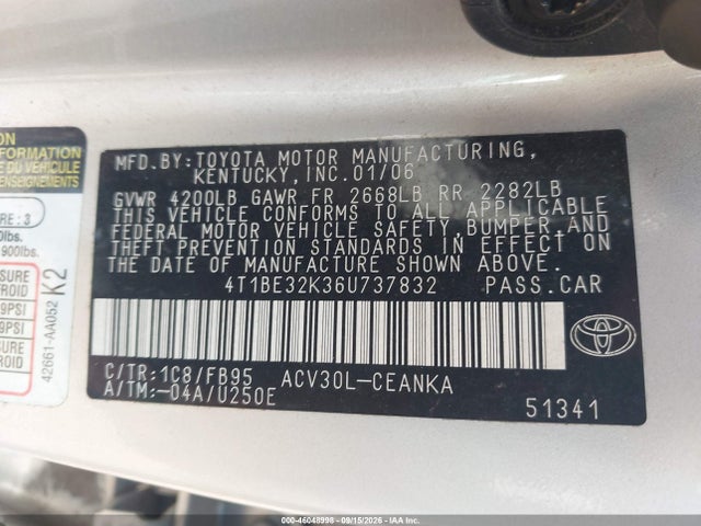 Продажа на аукционе авто 2006 Toyota Camry Le, vin: 4T1BE32K36U737832, номер лота: 46048998
