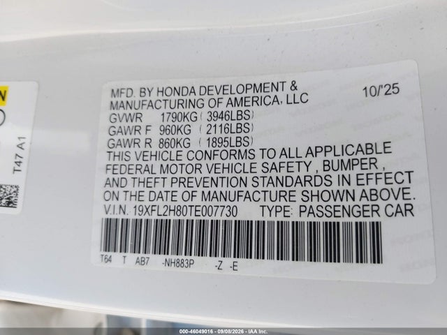 Продаж на аукціоні авто 2026 Honda Civic Sport, vin: 19XFL2H80TE007730, номер лоту: 46049016
