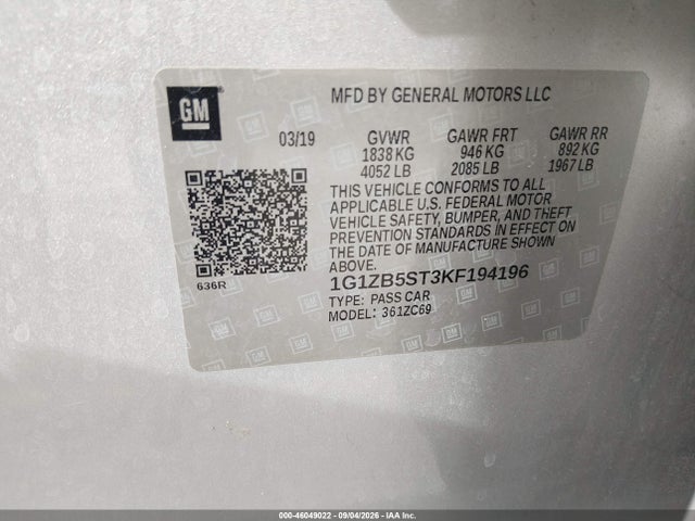 46049022 :رقم المزاد ، 1G1ZB5ST3KF194196 vin ، 2019 Chevrolet Malibu 1ls مزاد بيع