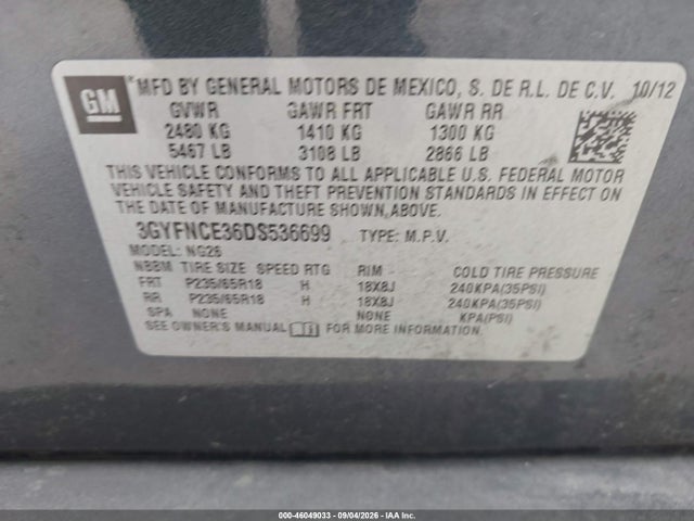 46049033 :رقم المزاد ، 3GYFNCE36DS536699 vin ، 2013 Cadillac Srx Luxury Collection مزاد بيع