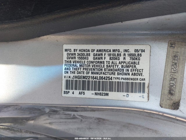 Продажа на аукционе авто 2004 Honda Civic Vp, vin: 1HGEM22164L064254, номер лота: 46049035