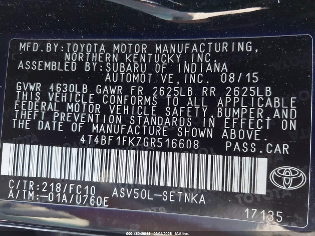 46049044 :رقم المزاد ، 4T4BF1FK7GR516608 vin ، 2016 Toyota Camry Le مزاد بيع