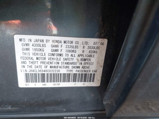 2006 Acura Tsx მანქანა იყიდება აუქციონზე, vin: JH4CL96946C032230, აუქციონის ნომერი: 46049056