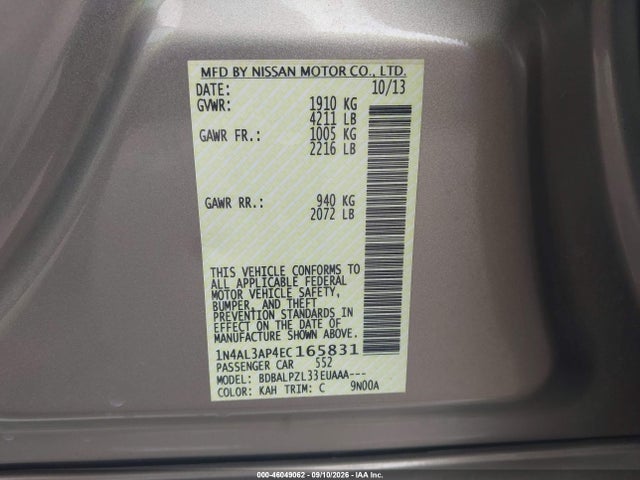 1N4AL3AP4EC165831 Nissan ALTIMA 2.5