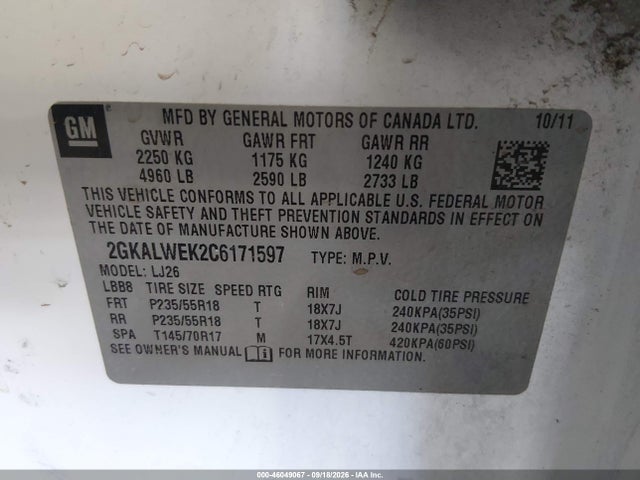 Продаж на аукціоні авто 2012 Gmc Terrain Slt-2, vin: 2GKALWEK2C6171597, номер лоту: 46049067