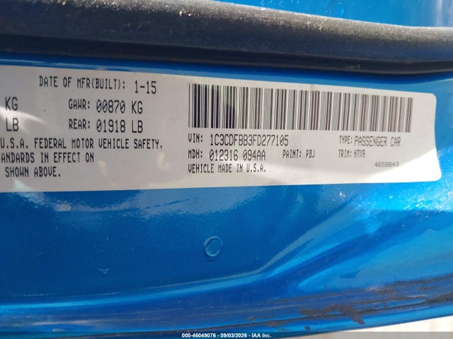Продажа на аукционе авто 2015 Dodge Dart Sxt, vin: 1C3CDFBB3FD277105, номер лота: 46049076
