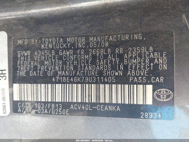 Продажа на аукционе авто 2009 Toyota Camry Le, vin: 4T1BE46K79U311405, номер лота: 46049081