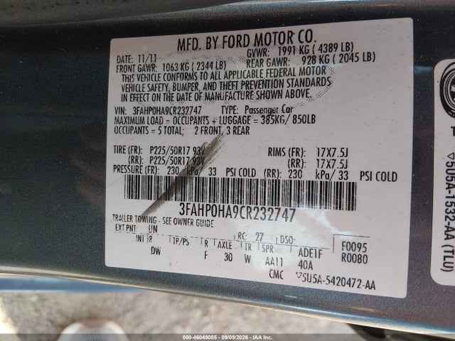 Продаж на аукціоні авто 2012 Ford Fusion Se, vin: 3FAHP0HA9CR232747, номер лоту: 46049085