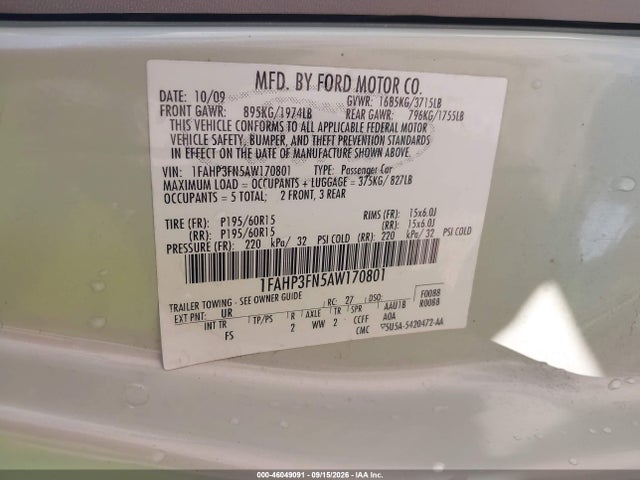 Aukcja sprzedaży 2010 Ford Focus Se, vin: 1FAHP3FN5AW170801, numer aukcji: 46049091