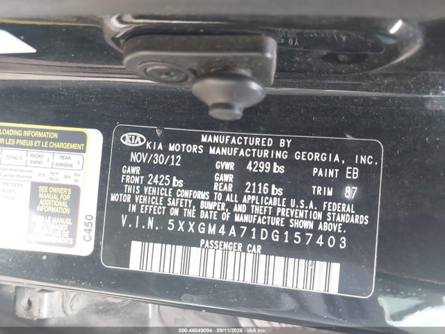 Auction sale of the 2013 Kia Optima Lx, vin: 5XXGM4A71DG157403, lot number: 46049094