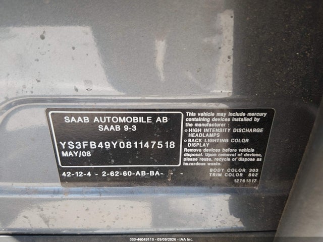 46049110 :رقم المزاد ، YS3FB49Y081147518 vin ، 2008 Saab 9-3 2.0t مزاد بيع