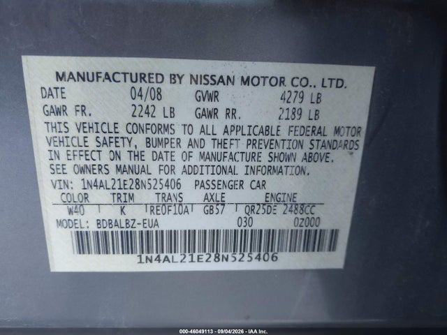 2008 Nissan Altima 2.5 S მანქანა იყიდება აუქციონზე, vin: 1N4AL21E28N525406, აუქციონის ნომერი: 46049113