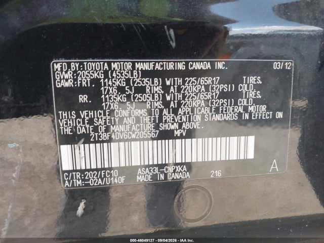 Продажа на аукционе авто 2012 Toyota Rav4, vin: 2T3BF4DV6CW205567, номер лота: 46049127