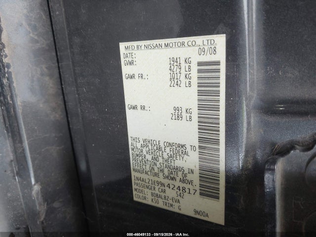 2009 Nissan Altima 2.5 S მანქანა იყიდება აუქციონზე, vin: 1N4AL21E99N424817, აუქციონის ნომერი: 46049133