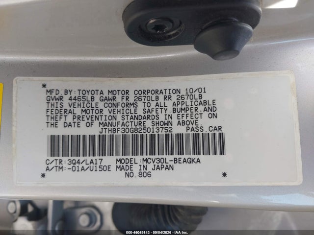 46049143 :رقم المزاد ، JTHBF30G825013752 vin ، 2002 Lexus Es 300 مزاد بيع