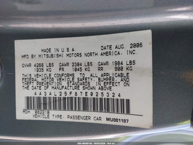 46049148 :رقم المزاد ، 4A3AL25F87E025324 vin ، 2007 Mitsubishi Eclipse Gs مزاد بيع