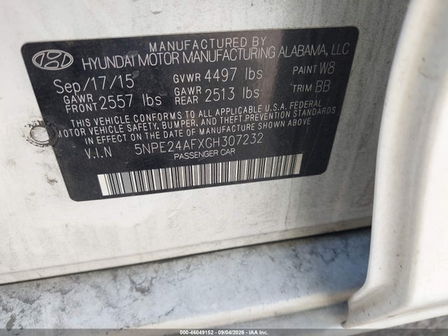 Auction sale of the 2016 Hyundai Sonata Se, vin: 5NPE24AFXGH307232, lot number: 46049152
