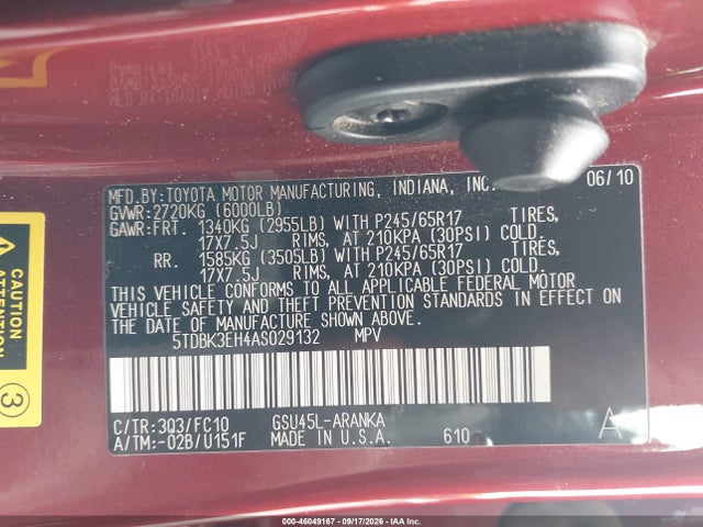 Aukcja sprzedaży 2010 Toyota Highlander Base V6, vin: 5TDBK3EH4AS029132, numer aukcji: 46049167