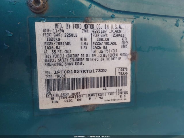 46049177 :رقم المزاد ، 1FTCR10X7RTB17320 vin ، 1994 Ford Ranger مزاد بيع
