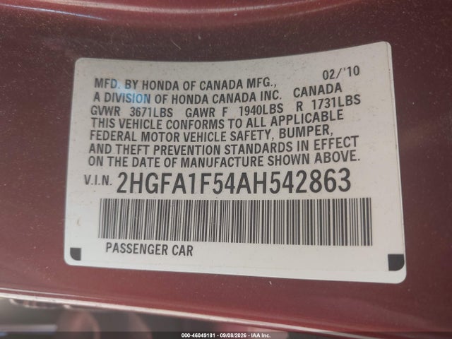 2010 Honda Civic Lx მანქანა იყიდება აუქციონზე, vin: 2HGFA1F54AH542863, აუქციონის ნომერი: 46049181