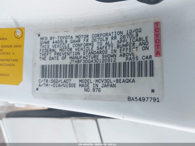 Продаж на аукціоні авто 2003 Lexus Es 300, vin: JTHBF30G430120912, номер лоту: 46049194