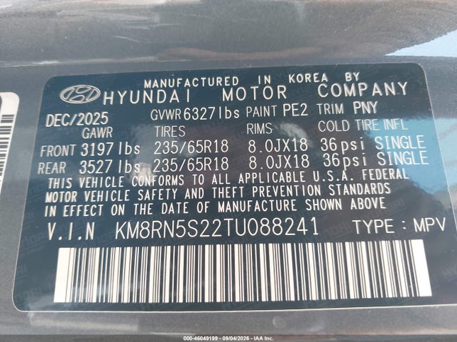 Продаж на аукціоні авто 2026 Hyundai Palisade Sel Premium, vin: KM8RN5S22TU088241, номер лоту: 46049199