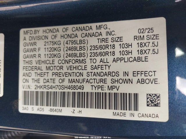 Продажа на аукционе авто 2025 Honda Cr-v Ex-l Awd, vin: 2HKRS4H70SH468049, номер лота: 46049225