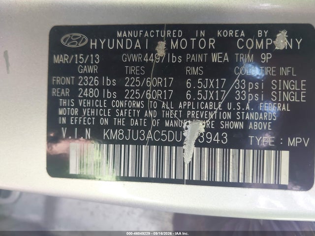 Продажа на аукционе авто 2013 Hyundai Tucson Gls, vin: KM8JU3AC5DU713943, номер лота: 46049229