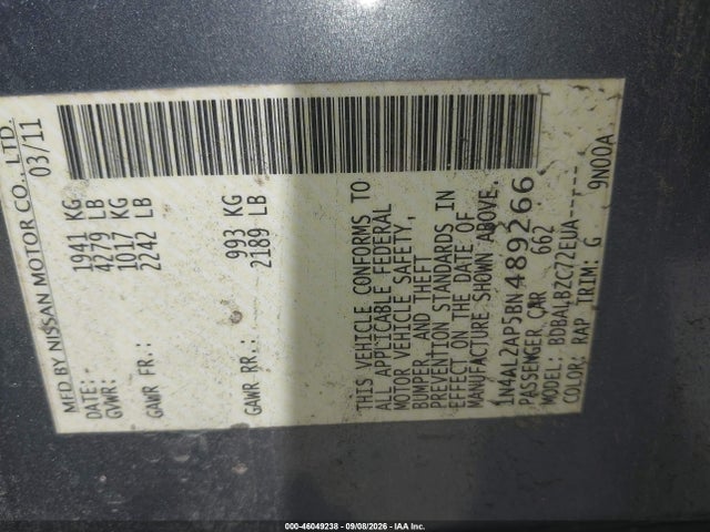 Продаж на аукціоні авто 2011 Nissan Altima 2.5 S, vin: 1N4AL2AP5BN489266, номер лоту: 46049238