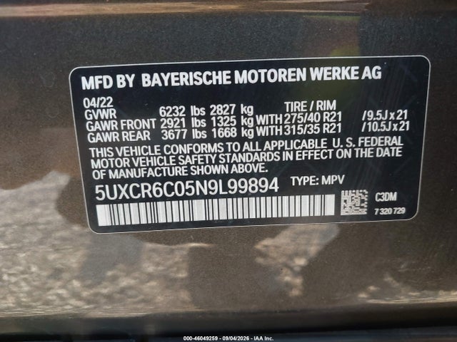 Aukcja sprzedaży 2022 Bmw X5 Xdrive40i, vin: 5UXCR6C05N9L99894, numer aukcji: 46049259