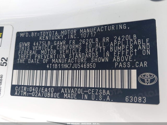 Aukcja sprzedaży 2018 Toyota Camry Se, vin: 4T1B11HK7JU546950, numer aukcji: 46049260