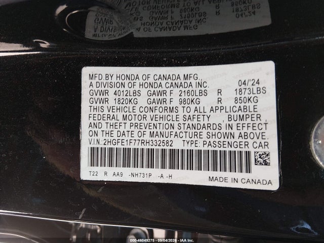 Продажа на аукционе авто 2024 Honda Civic Ex, vin: 2HGFE1F77RH332582, номер лота: 46049275