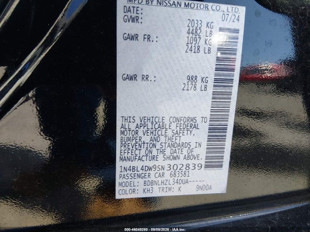 46049280 :رقم المزاد ، 1N4BL4DW9SN302839 vin ، 2025 Nissan Altima Sv Awd مزاد بيع