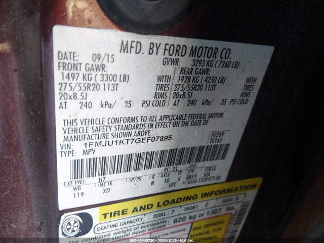 2016 Ford Expedition Limited მანქანა იყიდება აუქციონზე, vin: 1FMJU1KT7GEF07895, აუქციონის ნომერი: 46049290