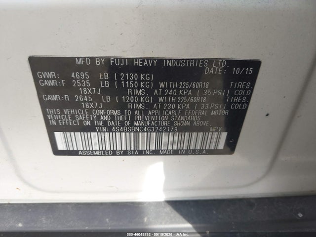 Продаж на аукціоні авто 2016 Subaru Outback 2.5i Limited, vin: 4S4BSBNC4G3242179, номер лоту: 46049292