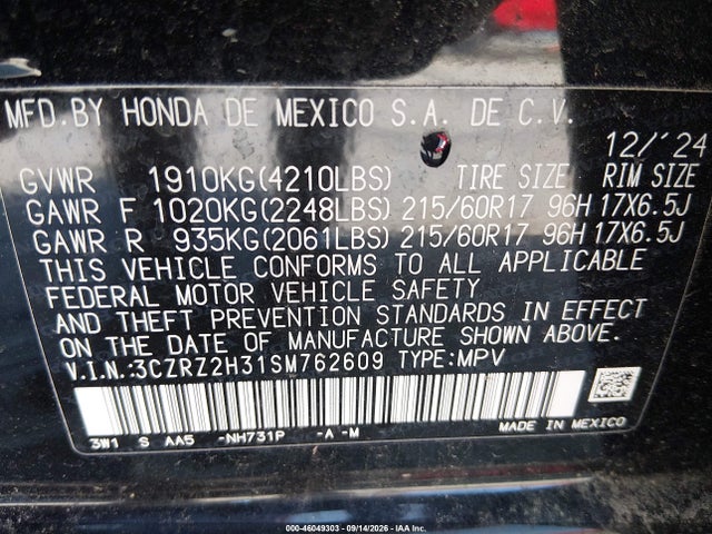 46049303 :رقم المزاد ، 3CZRZ2H31SM762609 vin ، 2025 Honda Hr-v Awd Lx مزاد بيع