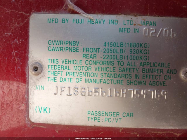 2006 Subaru Forester 2.5x მანქანა იყიდება აუქციონზე, vin: JF1SG65616H754769, აუქციონის ნომერი: 46049310