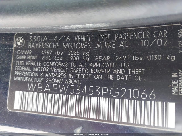 Aukcja sprzedaży 2003 Bmw 330xi, vin: WBAEW53453PG21066, numer aukcji: 46049333