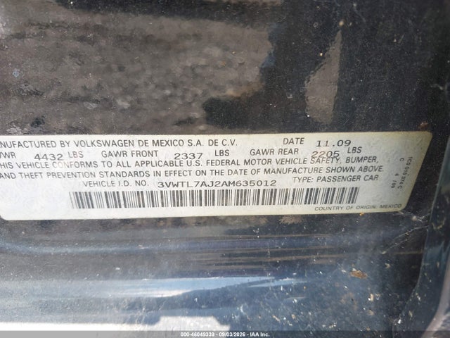 Aukcja sprzedaży 2010 Volkswagen Jetta Tdi, vin: 3VWTL7AJ2AM635012, numer aukcji: 46049339
