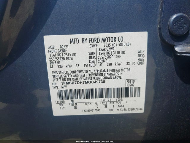 Продажа на аукционе авто 2021 Ford Explorer Xlt, vin: 1FMSK7DH7MGC49738, номер лота: 46049357