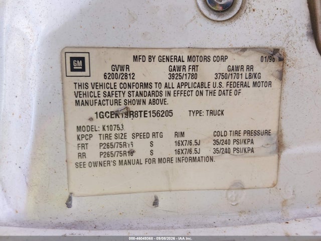 Продаж на аукціоні авто 1996 Chevrolet Gmt-400 K1500, vin: 1GCEK19R8TE156205, номер лоту: 46049368