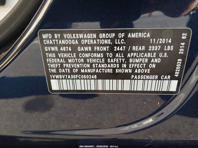 Продажа на аукционе авто 2015 Volkswagen Passat 2.0l Tdi Se, vin: 1VWBV7A35FC050246, номер лота: 46049381