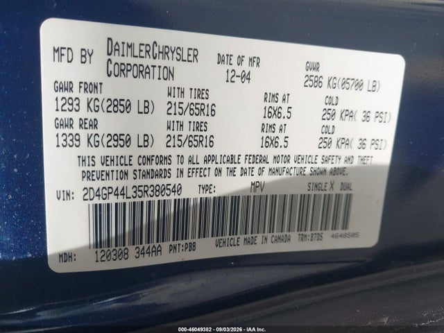 Продаж на аукціоні авто 2005 Dodge Grand Caravan Sxt, vin: 2D4GP44L35R380540, номер лоту: 46049382
