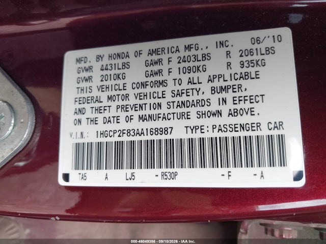2010 Honda Accord 2.4 Ex-l მანქანა იყიდება აუქციონზე, vin: 1HGCP2F83AA168987, აუქციონის ნომერი: 46049386