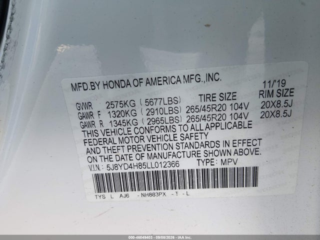 Продажа на аукционе авто 2020 Acura Mdx Advance Package, vin: 5J8YD4H85LL012366, номер лота: 46049403