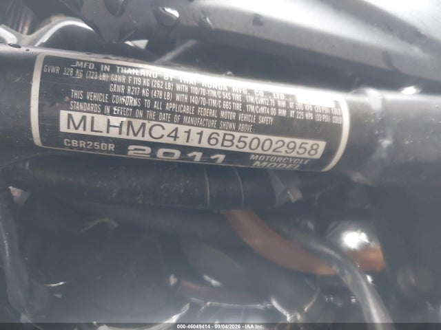 Aukcja sprzedaży 2011 Honda Cbr250 R, vin: MLHMC4116B5002958, numer aukcji: 46049414